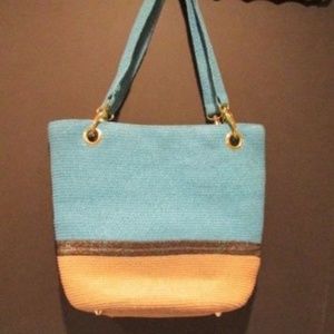 OKPTA Tan & Blue Paper Straw Tote Bag Handbag